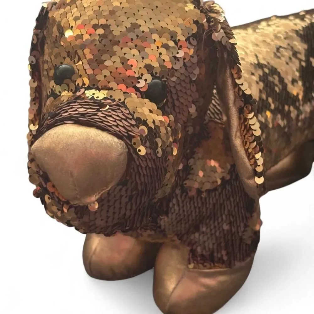 Gold sequin dachshund plush toy dog, stuffed animal